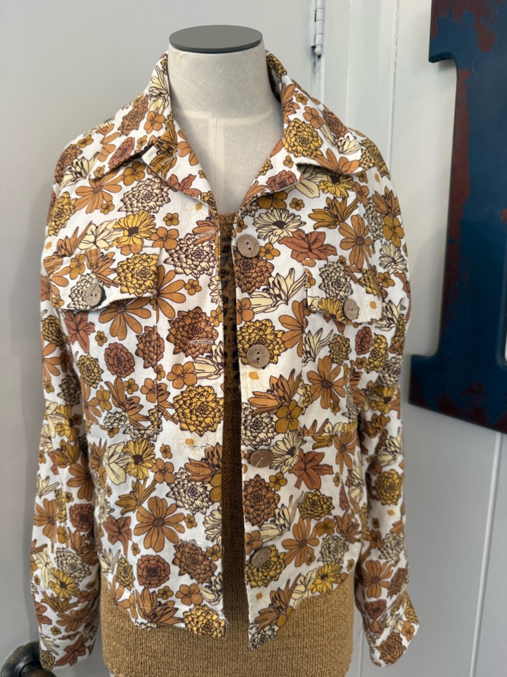 Rachel Zoe Cream Floral Jean Jacket with Brown and Yellow Print Sz S